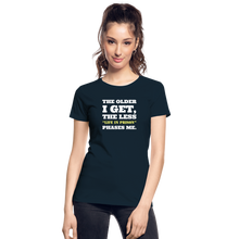Load image into Gallery viewer, The Less Life in Prison Phases Me Feminine Cut Premium Organic Tee - deep navy