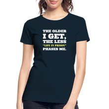 Load image into Gallery viewer, The Less Life in Prison Phases Me Feminine Cut Premium Organic Tee - deep navy