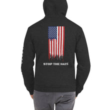 Load image into Gallery viewer, Spread Love [left sleeve] Stop the Hate [back print] Zip Hoodie